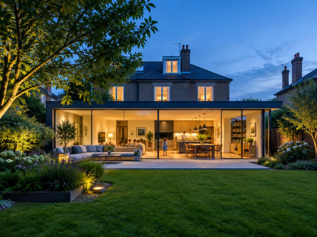 A warmly lit contemporary home opening onto a green garden